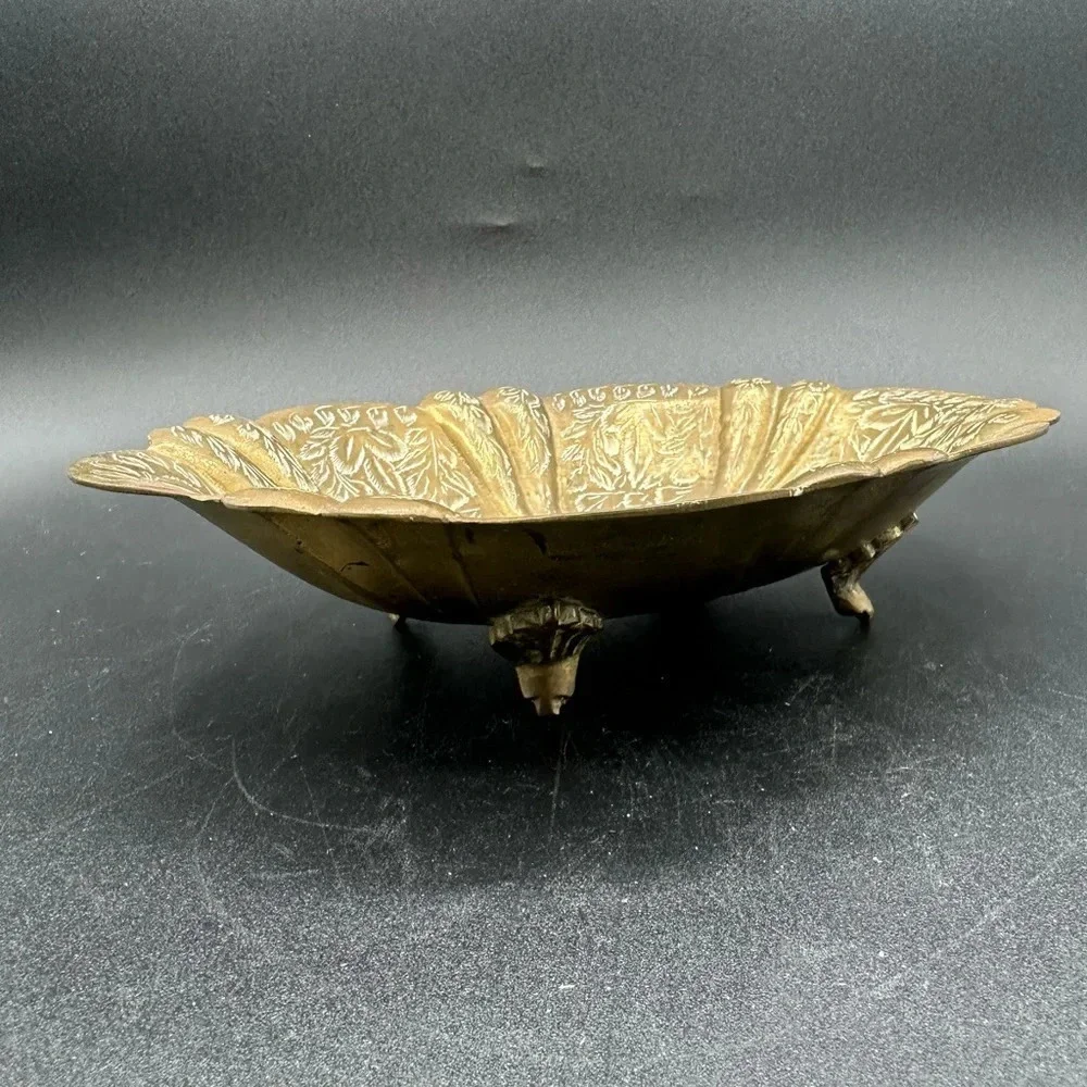 Vintage Etched Brass Footed Dish Bowl Trinket Catchall Decor